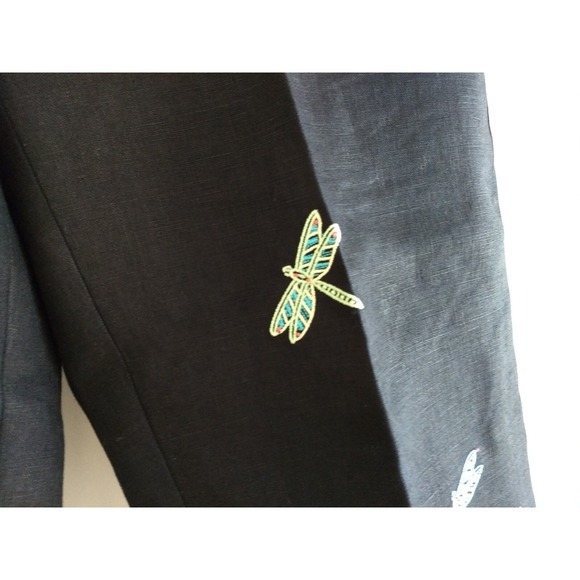 Appleseeds 100% Linen Cropped Pants Black Embroidered Dragonfly Women 6P Novelty - Picture 4 of 16